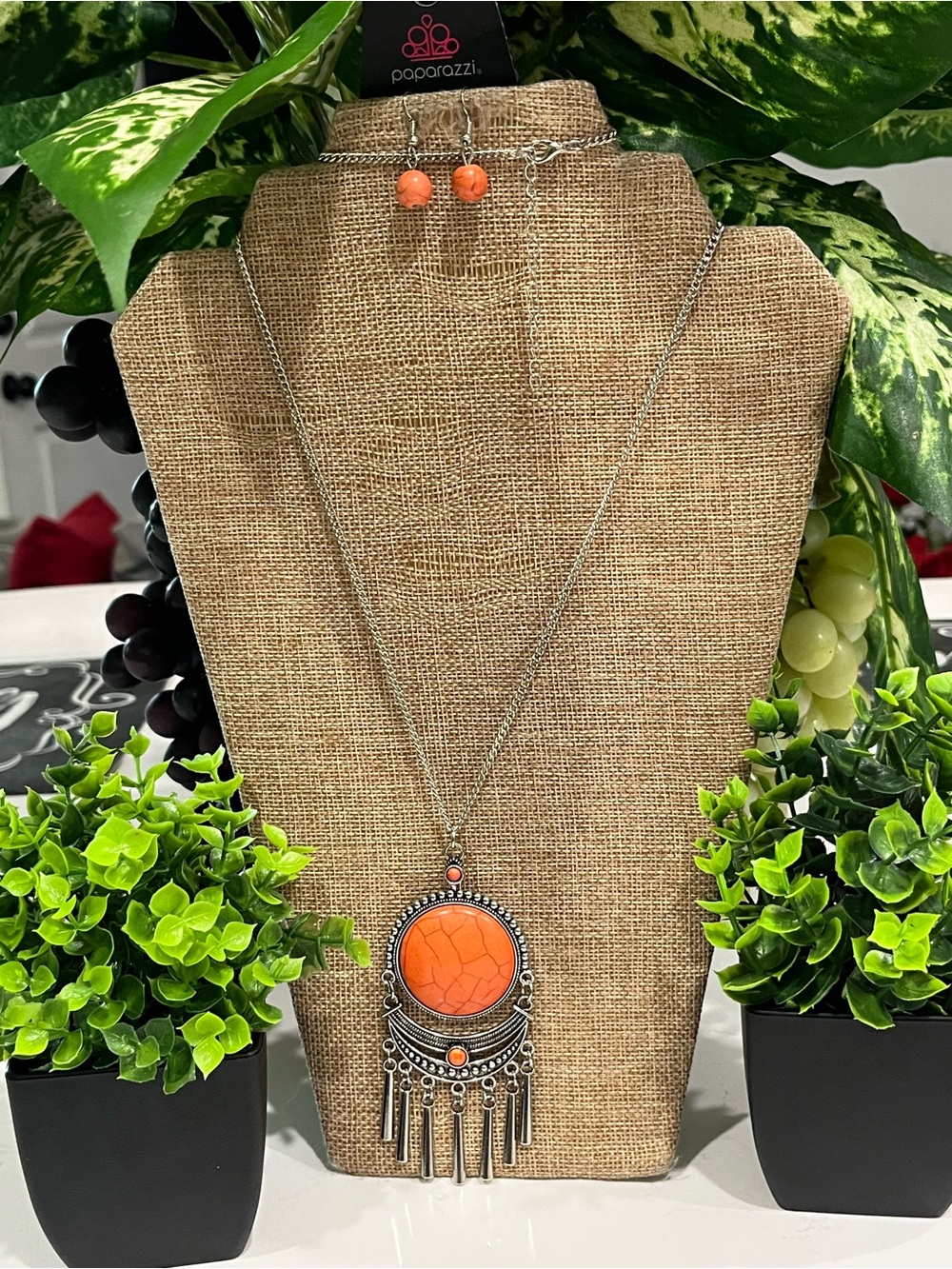 Paparazzi long Boho Orange Pendant Necklace and Earring Set
